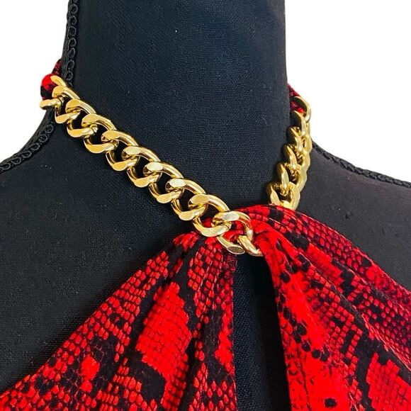Michael Kors Snakeskin Print Keyhole Open Back Chain Halter Top Red Black Medium - Picture 4 of 5
